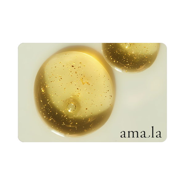Amala Gift Card with black logo and closeup of yellow liquid drops